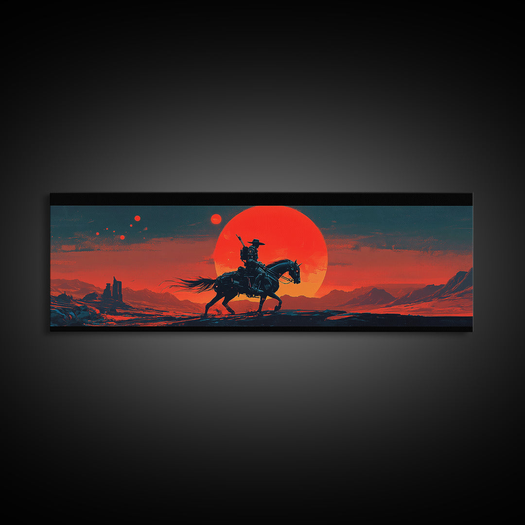 Lone Cowboy At Red Desert Sunset Wall Art, Western Landscape Canvas, Southwestern Decor, Large Horizontal Art Print, Ranch Home Decor