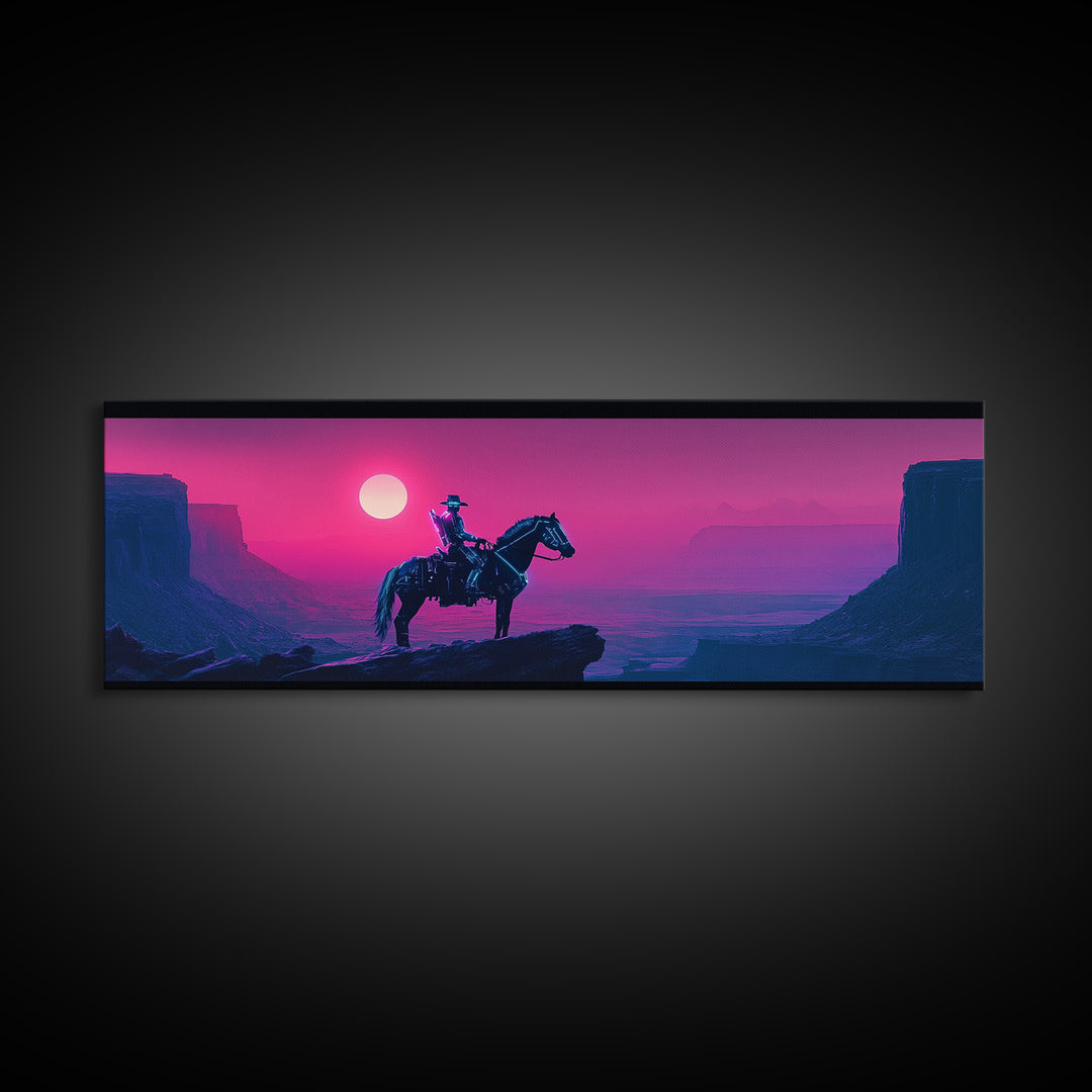 Cowboy On Pink Canyon Cliff Canvas Print, Western Wall Decor, Southwestern Landscape Art, Large Panoramic Wall Art, Home Decor