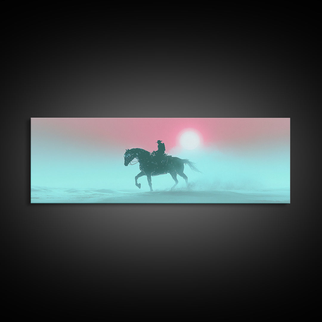 Misty Cowboy Riding Through Pastel Fog Wall Art, Western Horse Canvas Print, Serene Landscape Decor, Calming Bedroom Art