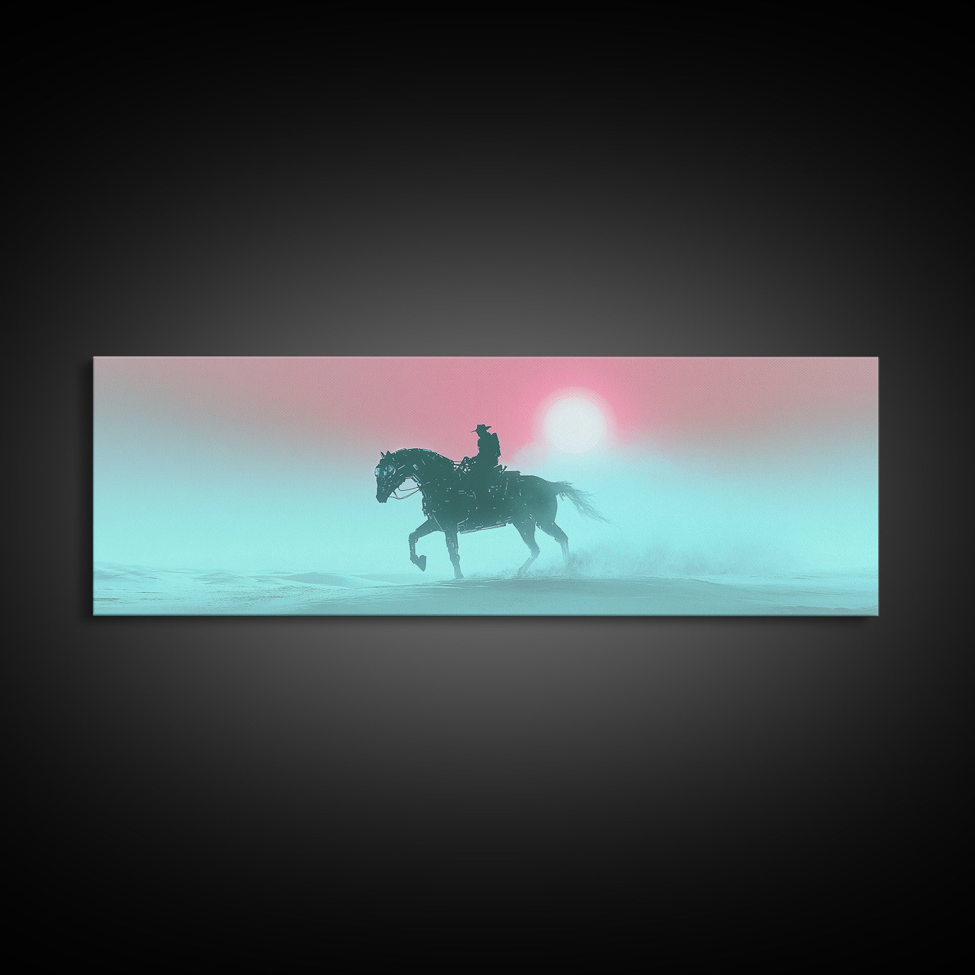 Misty Cowboy Riding Through Pastel Fog Wall Art, Western Horse Canvas Print, Serene Landscape Decor, Calming Bedroom Art