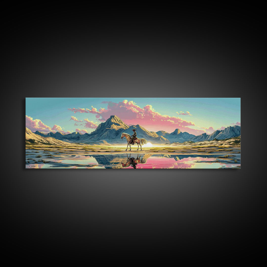 Cowboy And Horse Reflected In Alpine Lake Canvas Print, Western Mountain Wall Art, Pastel Sunset Decor, Large Panoramic Art