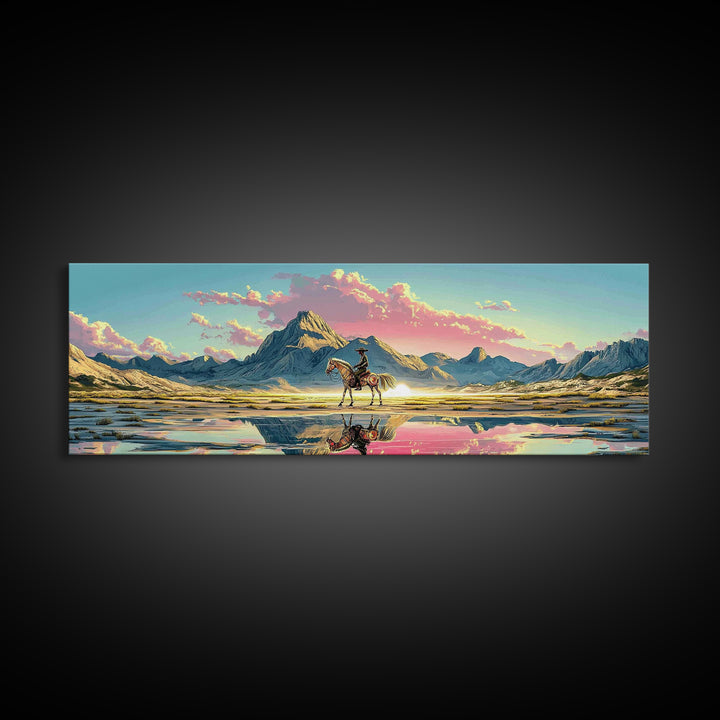 Cowboy And Horse Reflected In Alpine Lake Canvas Print, Western Mountain Wall Art, Pastel Sunset Decor, Large Panoramic Art