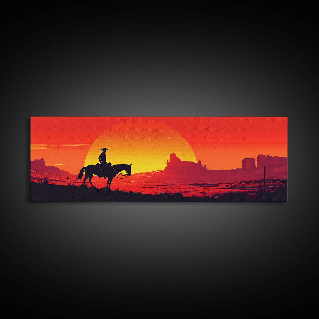 Silhouette Cowboy Crossing Orange Desert Sunset Wall Art, Southwestern Decor, Western Canvas Print, Extra Wide Horizontal Art