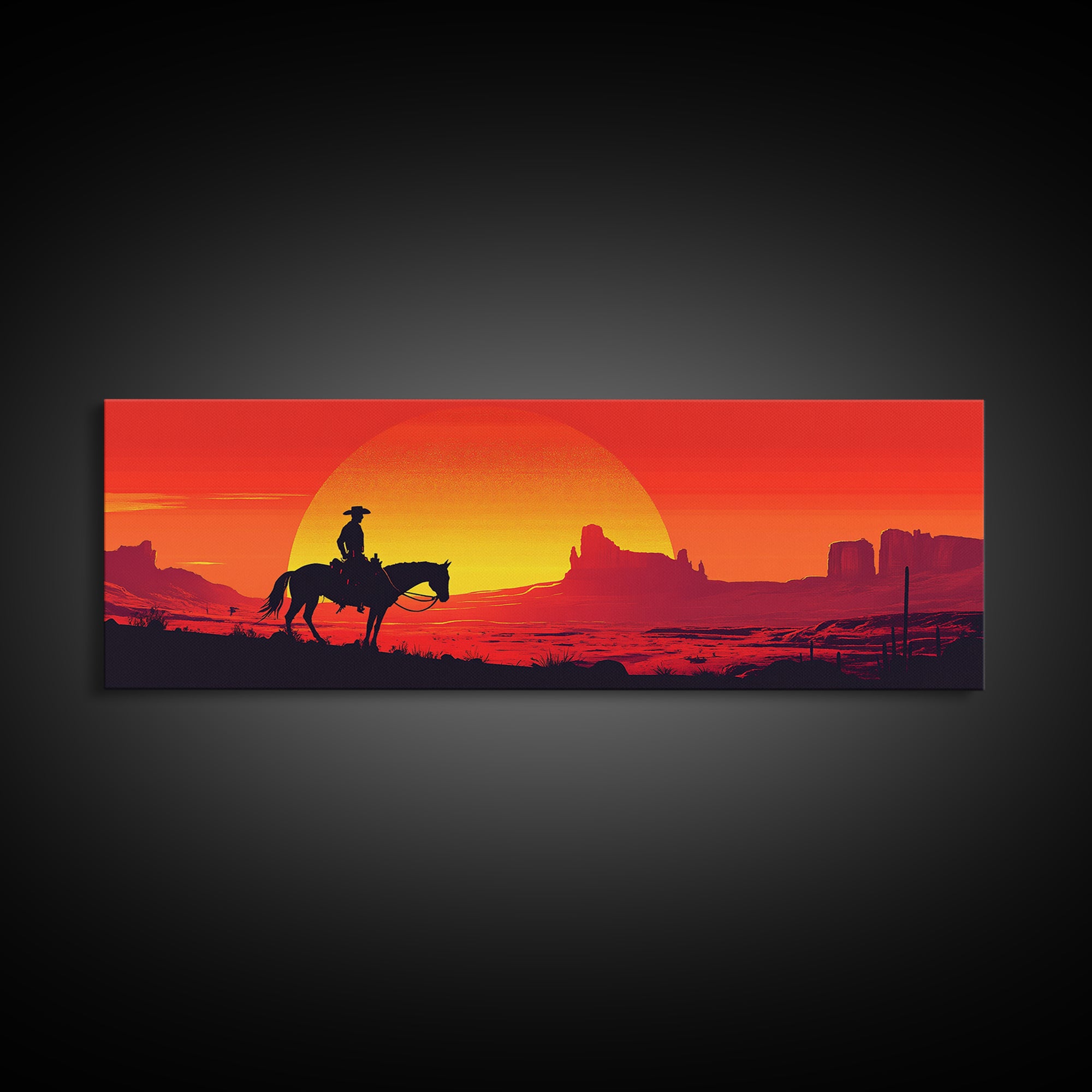 Silhouette Cowboy Crossing Orange Desert Sunset Wall Art, Southwestern Decor, Western Canvas Print, Extra Wide Horizontal Art