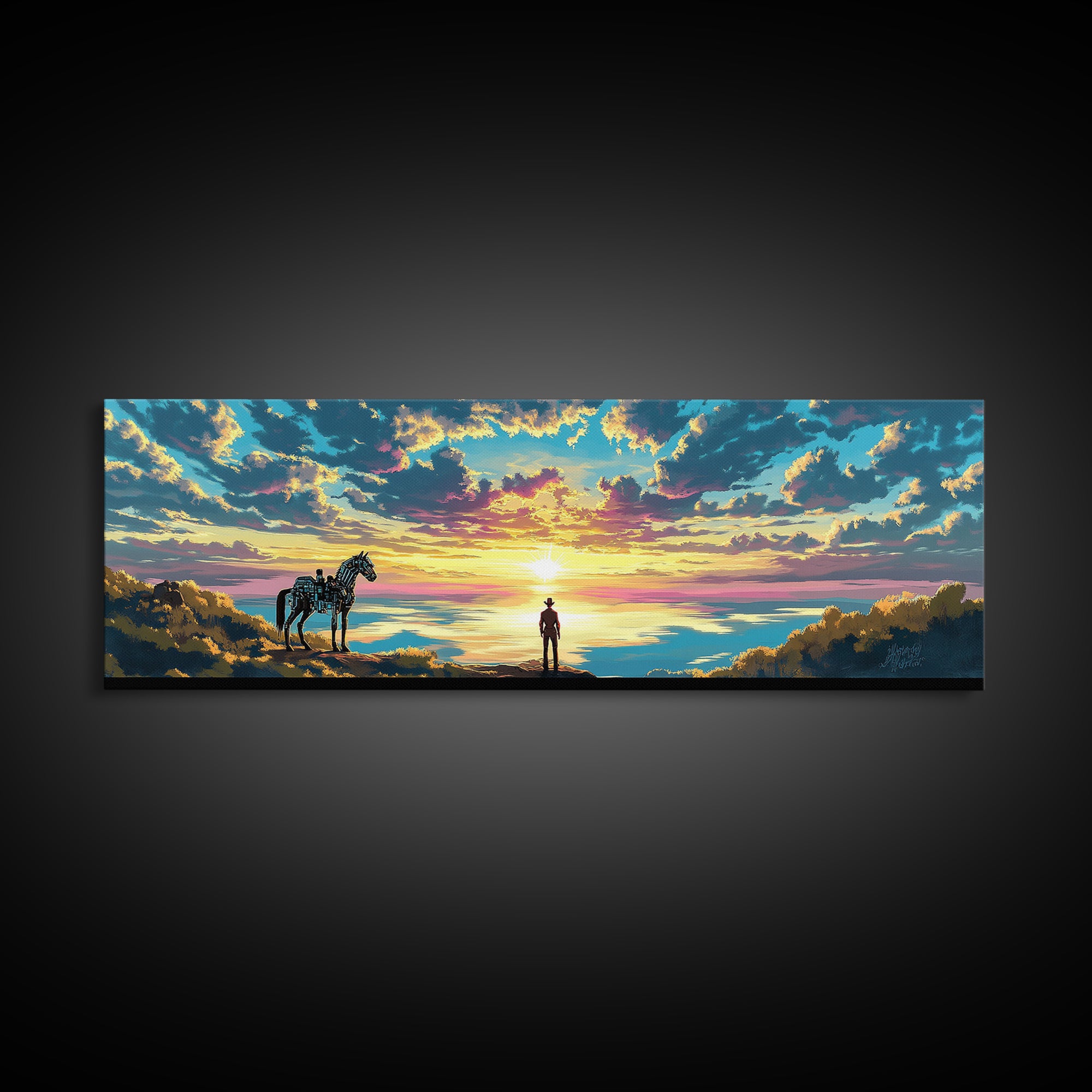 Cowboy And Horse Over Golden Sea Sunrise Framed Canvas Print, Western Landscape Wall Art, Inspirational Home Decor, Above Sofa Art