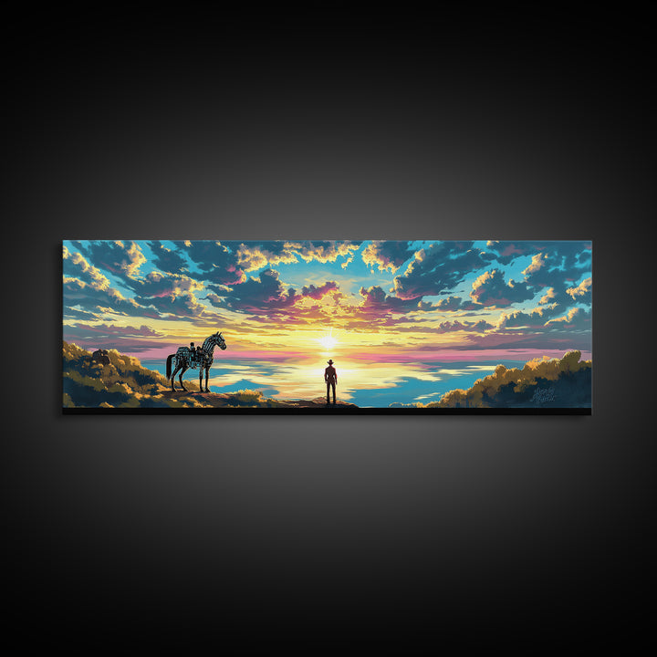 Cowboy And Horse Over Golden Sea Sunrise Framed Canvas Print, Western Landscape Wall Art, Inspirational Home Decor, Above Sofa Art