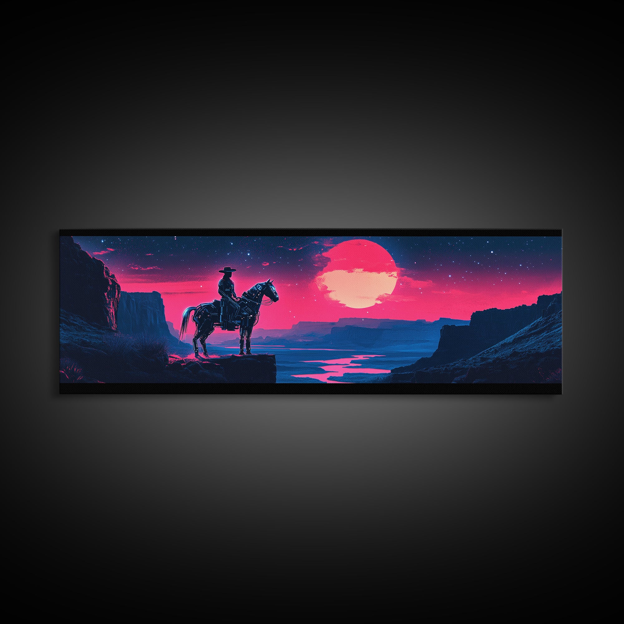 Neon Cowboy Above Moonlit Canyon River Canvas Print, Western Sci Fi Wall Art, Vaporwave Decor, Large Horizontal Print, Home Decor