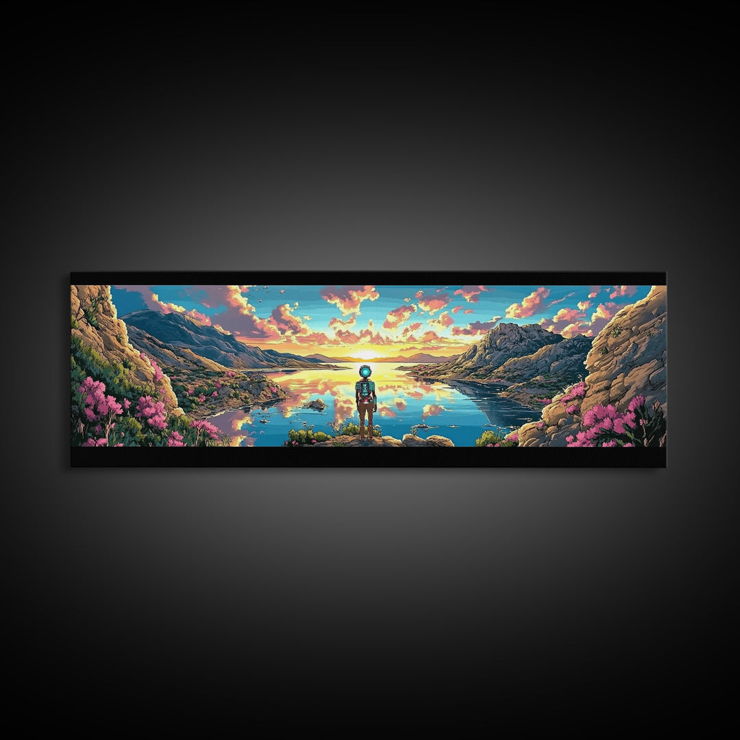 Astronaut Over Flowered Mountain Lake Valley Wall Art, Sci Fi Landscape Canvas Print, Colorful Nature Decor, Gaming Room Art
