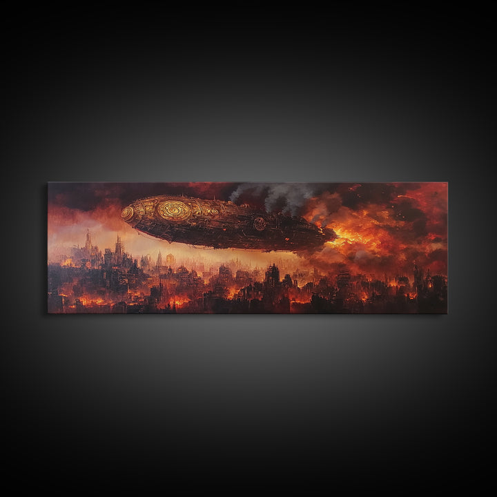 Steampunk Airship Over Burning Futuristic City Wall Art, Dystopian Sci Fi Canvas Print, Dark Industrial Office Decor, Man Cave Art