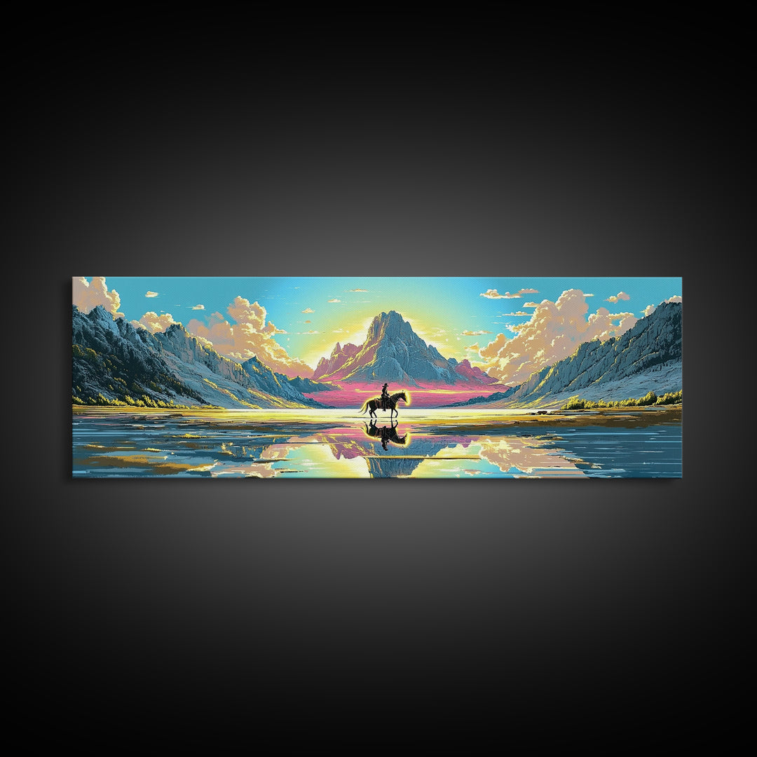 Solitary Rider At Mirror Lake Canvas Print, Western Mountain Landscape Art, Panoramic Wall Art, Rustic Decor, Gift For Him