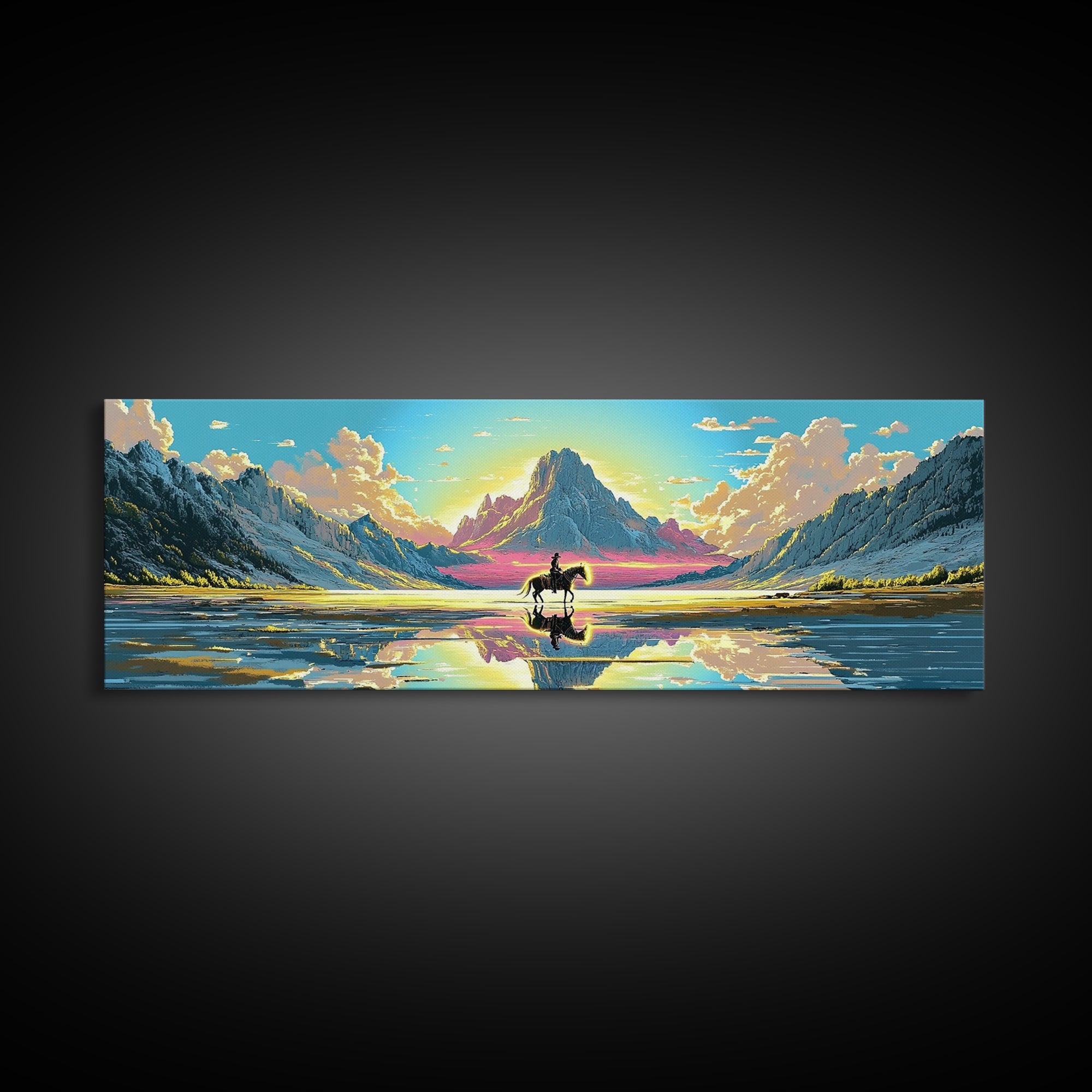 Solitary Rider At Mirror Lake Canvas Print, Western Mountain Landscape Art, Panoramic Wall Art, Rustic Decor, Gift For Him
