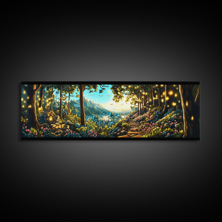 Enchanted Forest Path With Lanterns Wall Art, Mountain Valley Landscape Print, Whimsical Decor, Large Panoramic Canvas Art