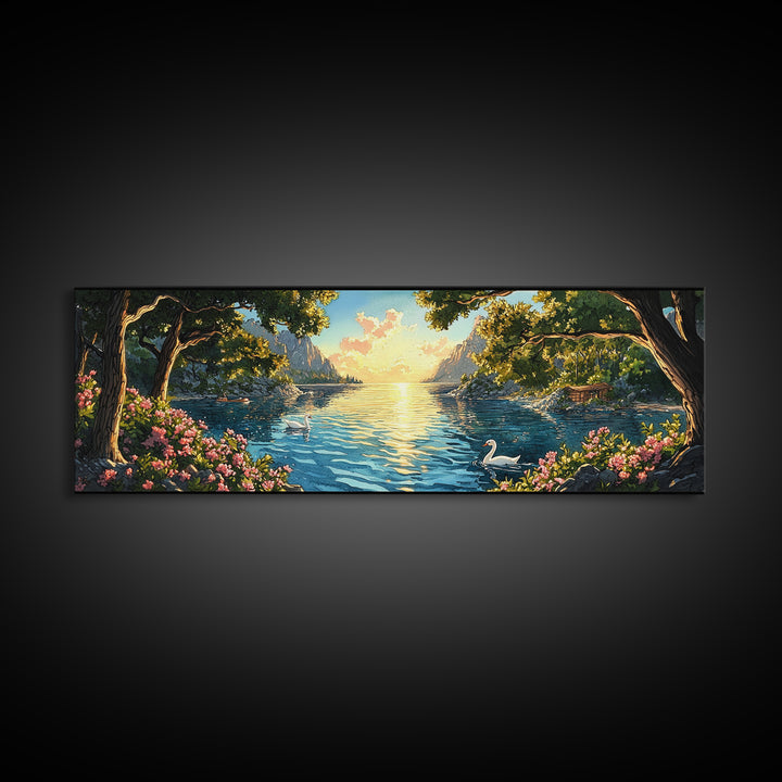 Golden Lakeside Sunset With Swan Wall Art, Romantic Coastal Canvas Print, Serene Landscape Decor, Large Above Bed Art For Bedroom Decor