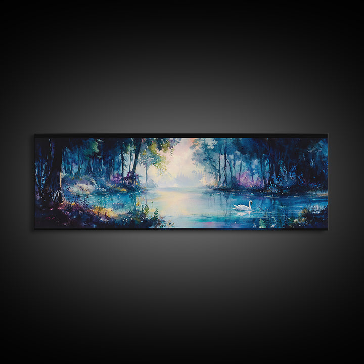 Misty Blue Forest Lake With Swan Wall Art, Moody Landscape Canvas Print, Dark Botanical Decor, Calming Living Room Art Print
