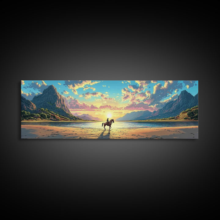 Lone Rider On Sunset Beach Wall Art, Western Coastal Landscape Canvas Print, Mountain Lake Decor, Masculine Office Art Print