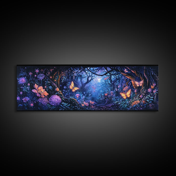 Enchanted Butterfly Forest At Twilight Wall Art, Fantasy Woodland Canvas Print, Dark Floral Decor, Whimsical Bedroom Art