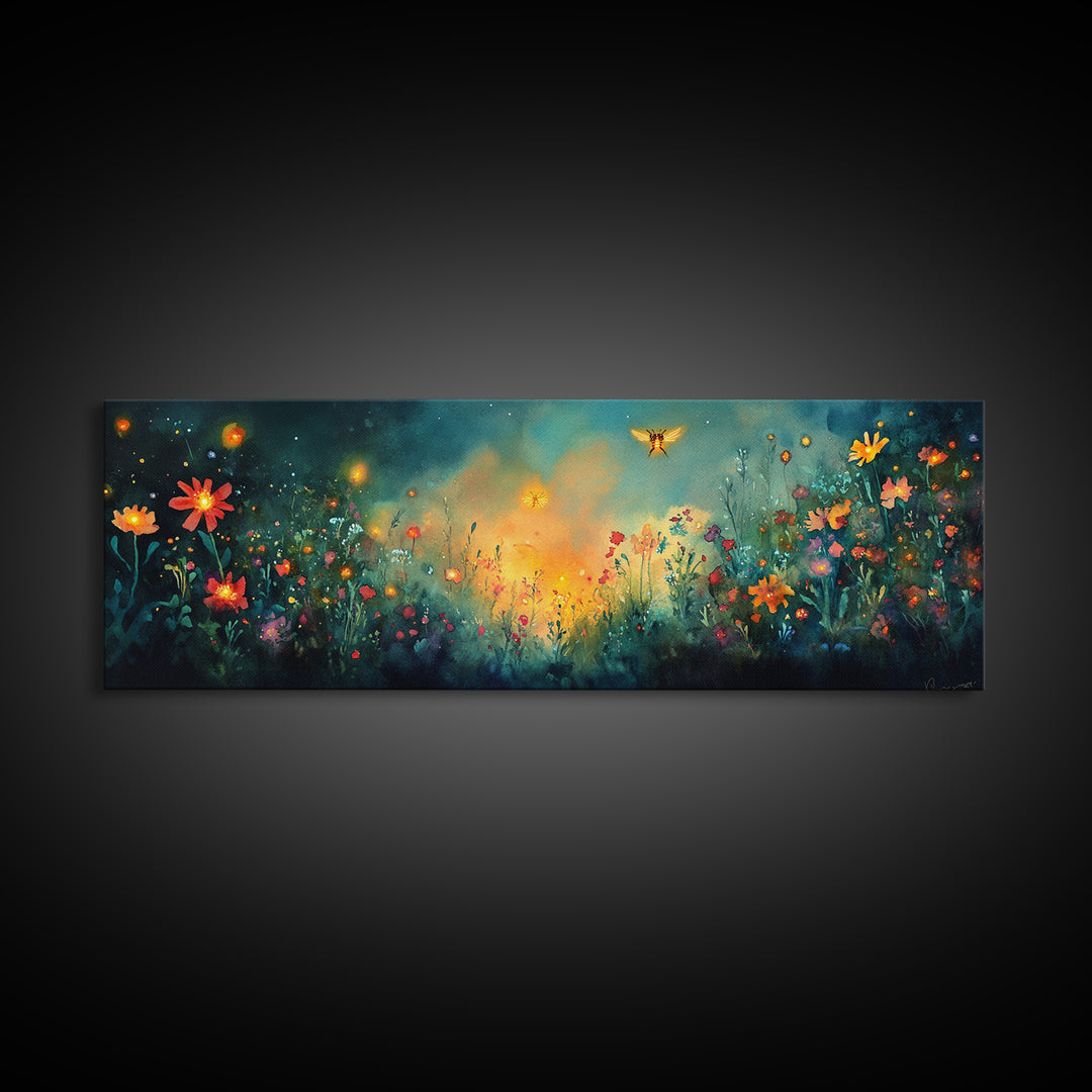 Glowing Wildflower Meadow With Fireflies Wall Art, Whimsical Floral Canvas Print, Dark Botanical Decor, Cozy Bedroom Art