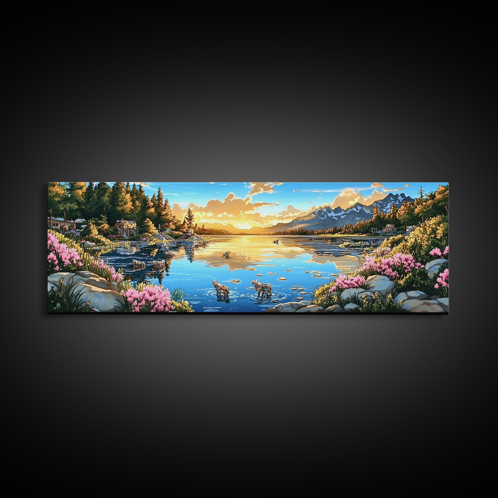 Mountain Lake Sunset With Pink Wildflowers Wall Art, Panoramic Landscape Print, Nature Decor, Living Room Wall Decor, Home Decor