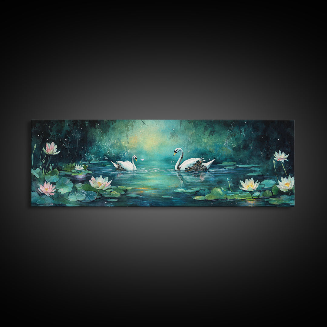 White Swans And Water Lilies Framed Canvas Print, Romantic Nature Wall Art, Elegant Bedroom Decor, Gift For Her, Living Room Art