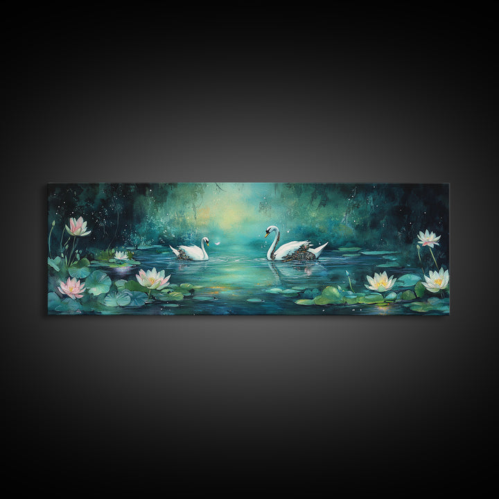 White Swans And Water Lilies Framed Canvas Print, Romantic Nature Wall Art, Elegant Bedroom Decor, Gift For Her, Living Room Art