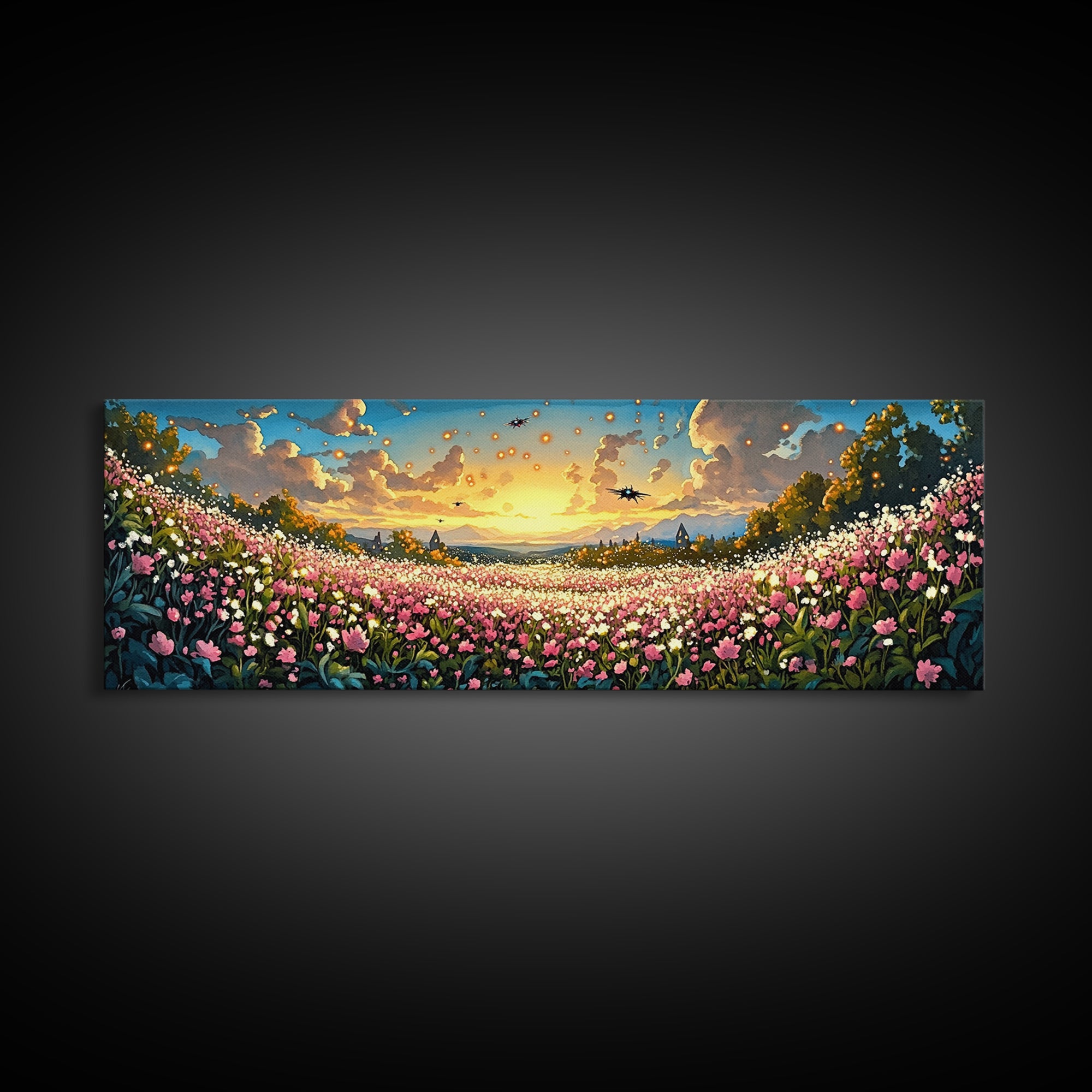 Glowing Lanterns Over Pink Flower Valley Canvas Print, Whimsical Floral Wall Art, Maximalist Decor, Living Room Decor, Home Decor
