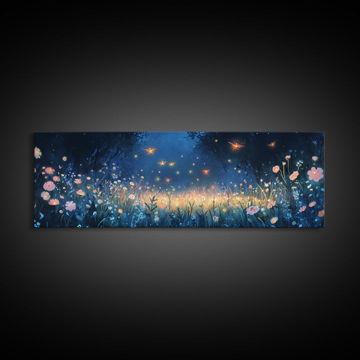 Firefly Night Meadow With Soft Wildflowers Framed Canvas Print, Whimsical Wall Art, Dark Floral Decor, Bedroom Wall Decor