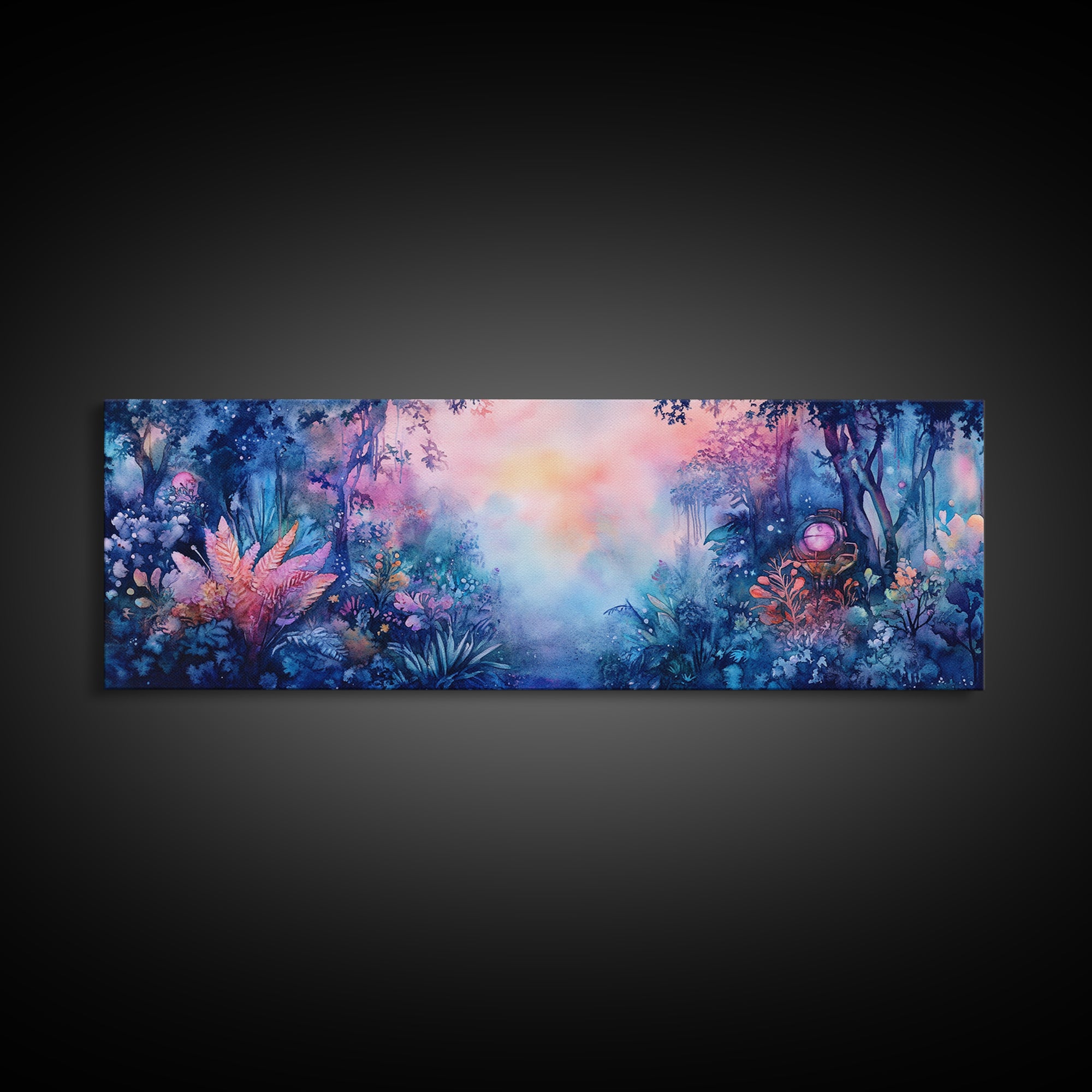 Enchanted Tropical Garden With Misty Pastel Light Wall Art, Botanical Watercolor Print, Whimsical Decor, Nature Wall Art