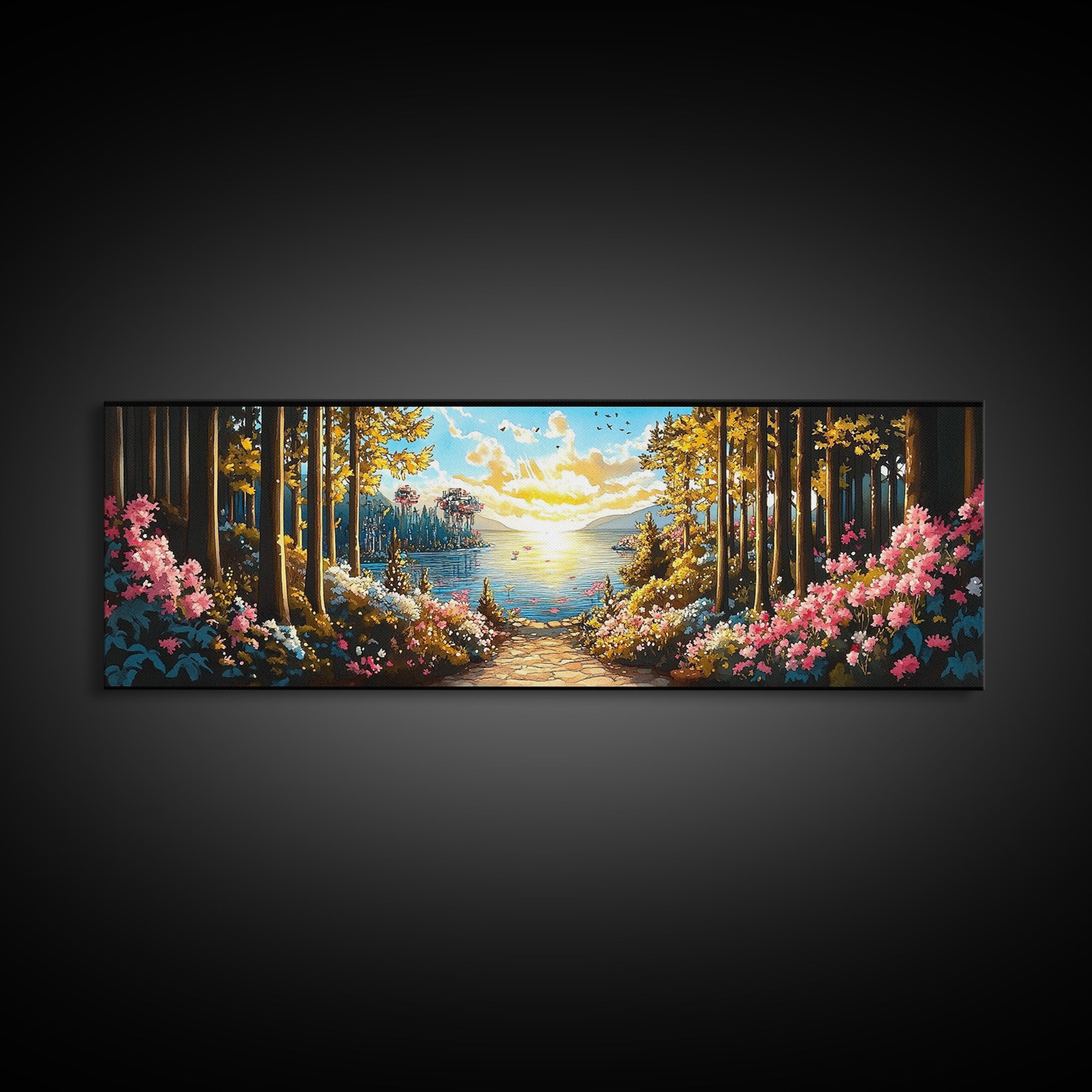 Sunlit Forest Lake Path With Pink Flowers Wall Art, Panoramic Canvas Print For Living Room Decor And Nature Home Decor Gift