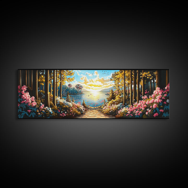 Sunlit Forest Lake Path With Pink Flowers Wall Art, Panoramic Canvas Print For Living Room Decor And Nature Home Decor Gift