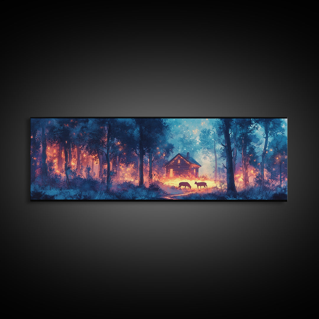 Glowing Cabin In Blue Twilight Forest Framed Canvas Print, Moody Landscape Wall Art For Rustic Home Decor And Office Decor