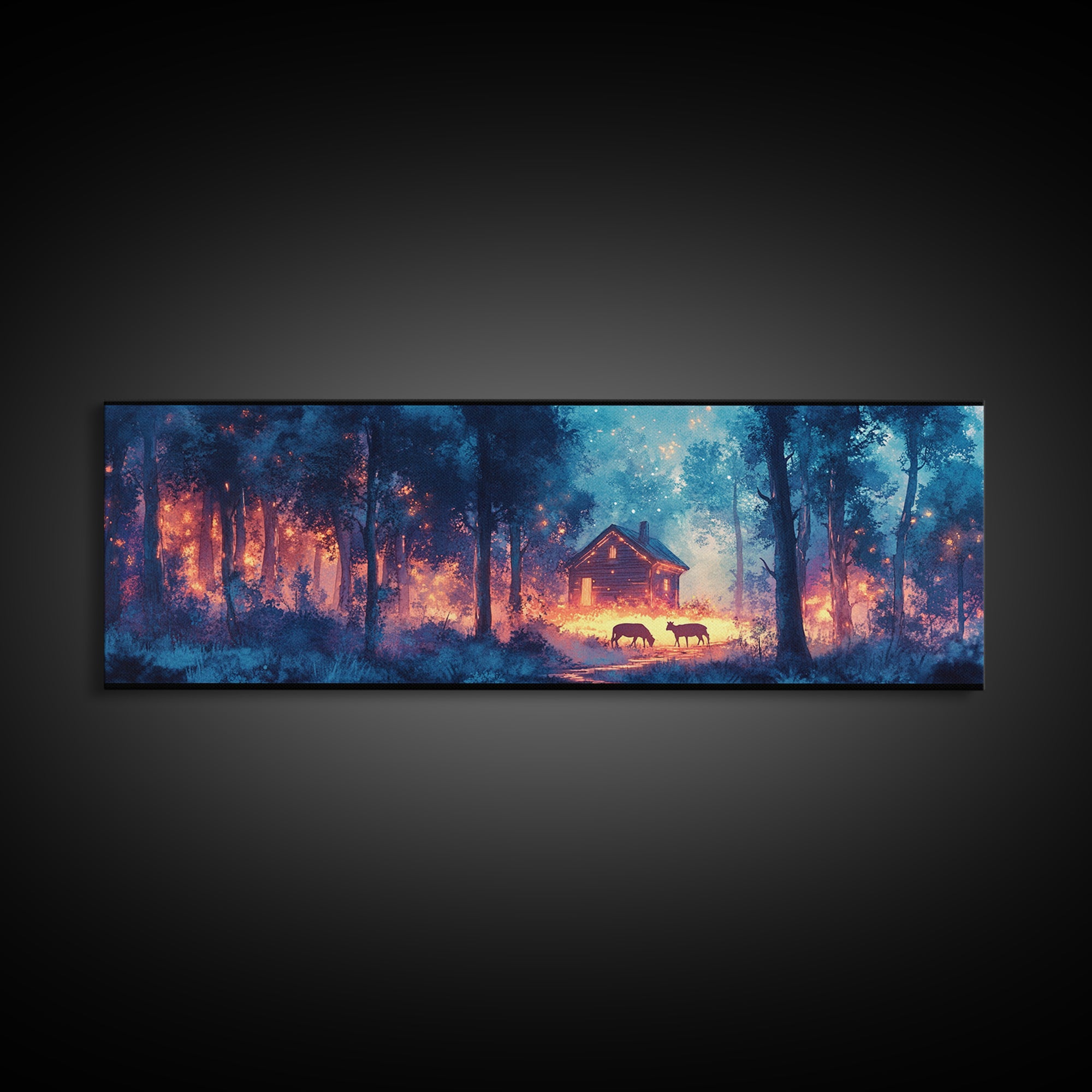 Glowing Cabin In Blue Twilight Forest Framed Canvas Print, Moody Landscape Wall Art For Rustic Home Decor And Office Decor