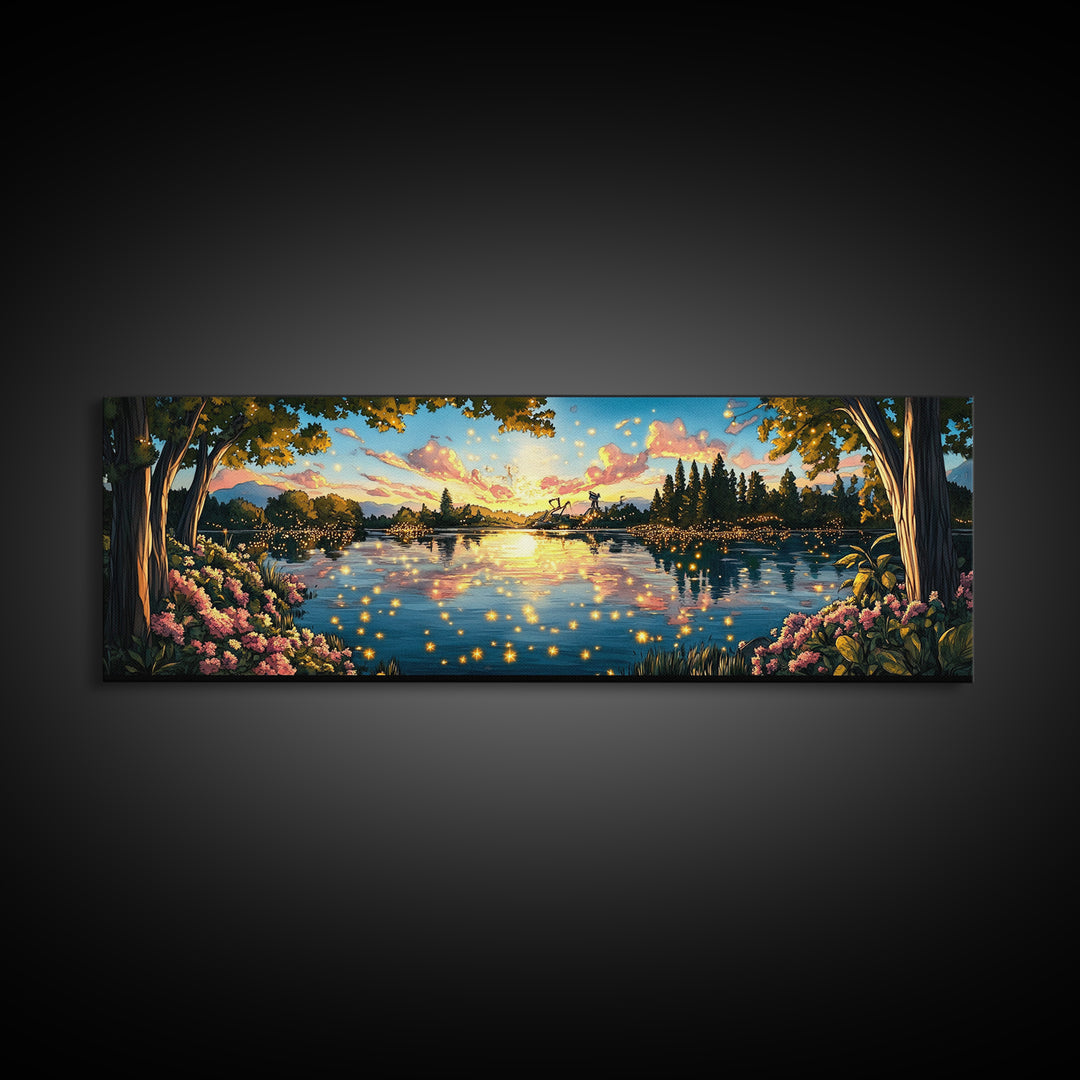 Golden Sunset Lake With Fireflies And Pink Blossoms Canvas Print, Romantic Nature Wall Art For Bedroom Decor And Home Decor