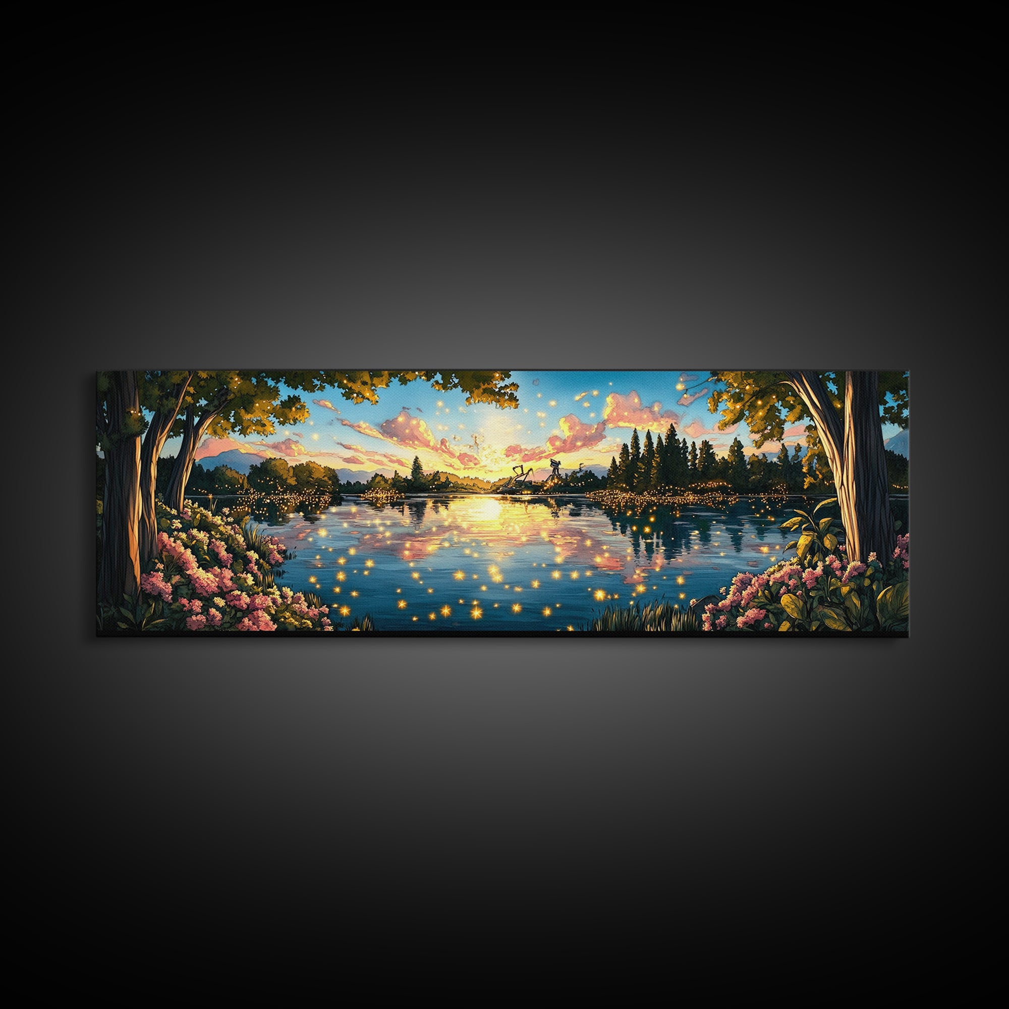 Golden Sunset Lake With Fireflies And Pink Blossoms Canvas Print, Romantic Nature Wall Art For Bedroom Decor And Home Decor