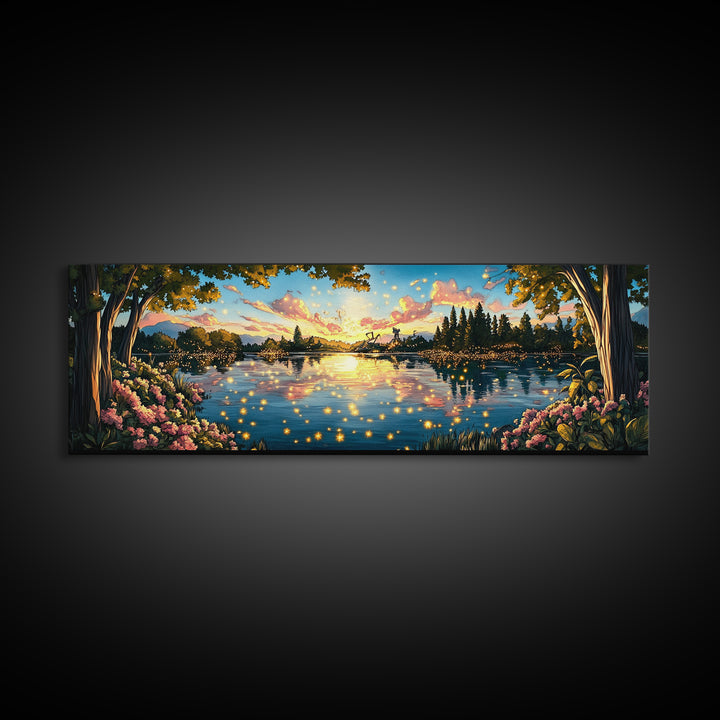 Golden Sunset Lake With Fireflies And Pink Blossoms Canvas Print, Romantic Nature Wall Art For Bedroom Decor And Home Decor