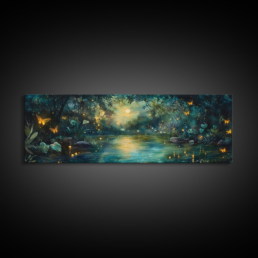 Enchanted Moonlit River With Fireflies And Butterflies Wall Art, Moody Fantasy Canvas Print For Bedroom Decor And Cozy Home Decor