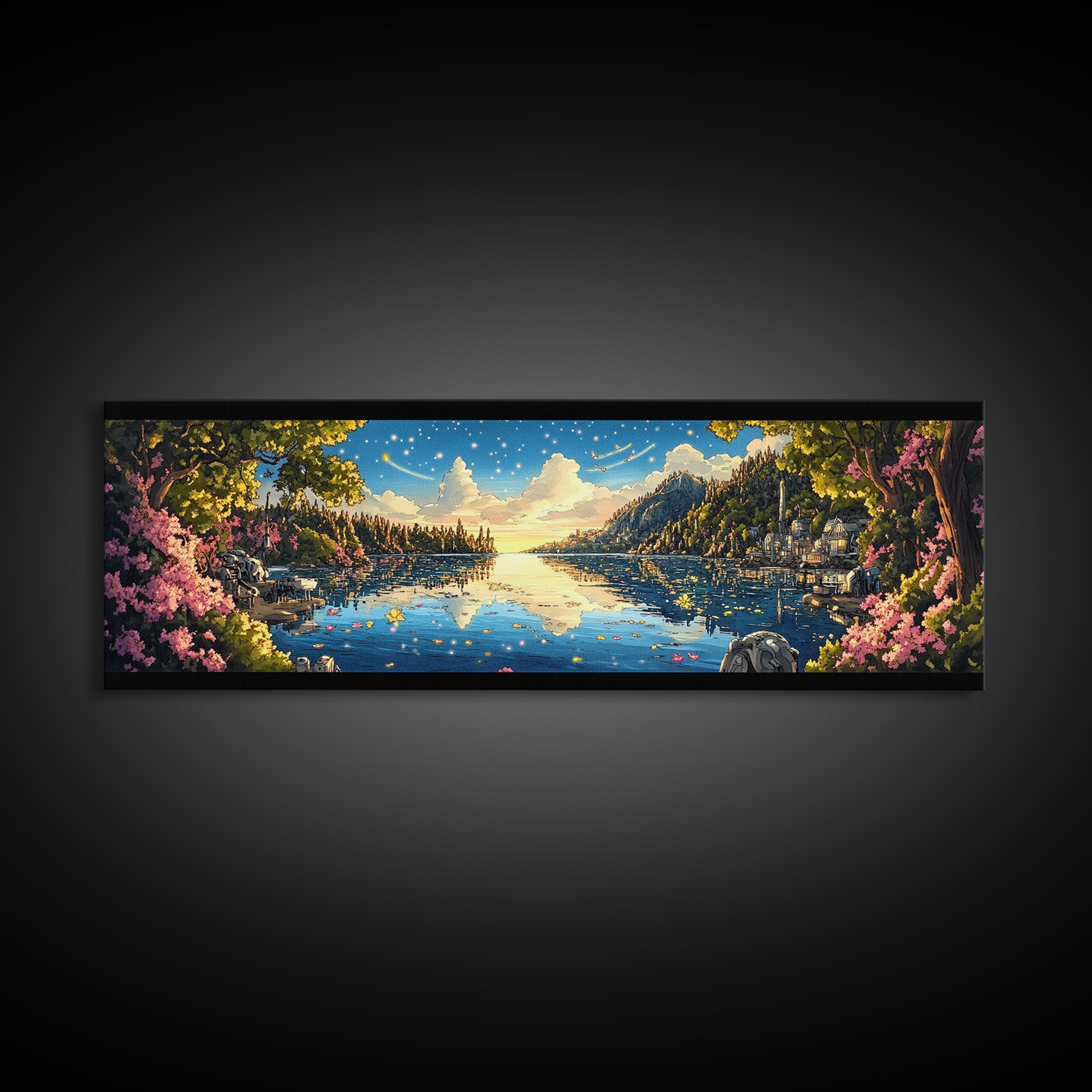Starry Mountain Lake Village With Pink Flowers Framed Canvas Print, Panoramic Landscape Wall Art For Living Room Decor And Home Decor
