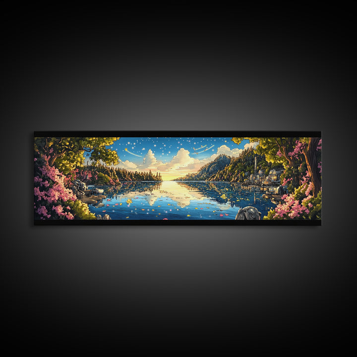 Starry Mountain Lake Village With Pink Flowers Framed Canvas Print, Panoramic Landscape Wall Art For Living Room Decor And Home Decor