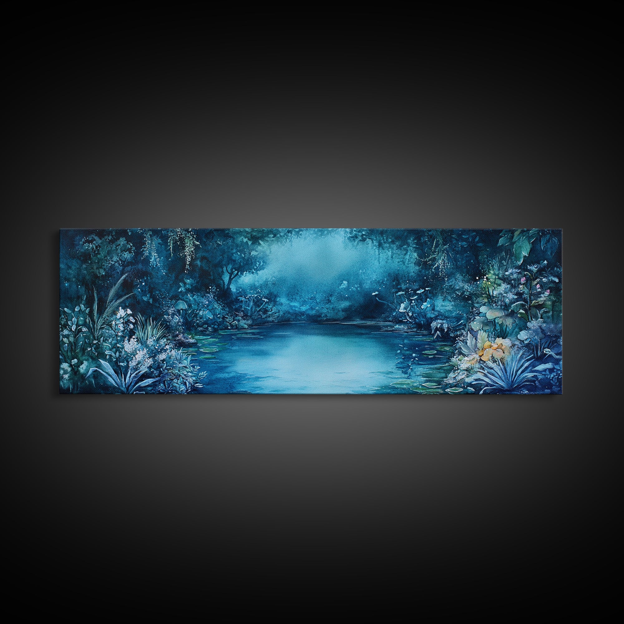 Misty Blue Jungle River With Wildlife And Orchids Canvas Print, Serene Nature Wall Art For Spa Decor And Bathroom Wall Decor