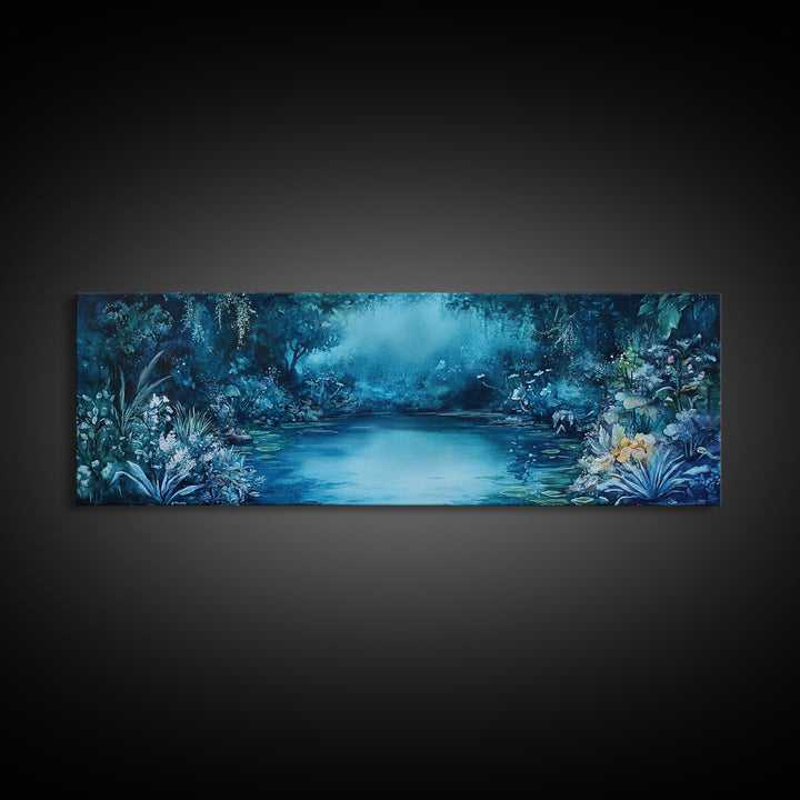 Misty Blue Jungle River With Wildlife And Orchids Canvas Print, Serene Nature Wall Art For Spa Decor And Bathroom Wall Decor