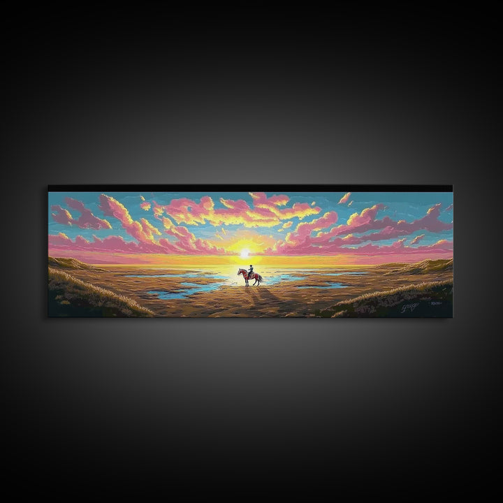 Lone Horse Rider On Sunset Beach Canvas Print, Western Coastal Wall Art For Ranch Decor, Gift For Him And Living Room Decor