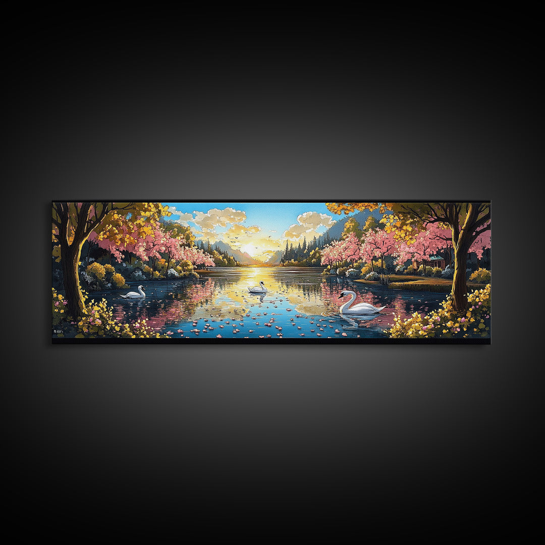 Swans On Golden Lake With Cherry Blossoms Framed Canvas Print, Romantic Landscape Wall Art For Bedroom Decor And Home Decor