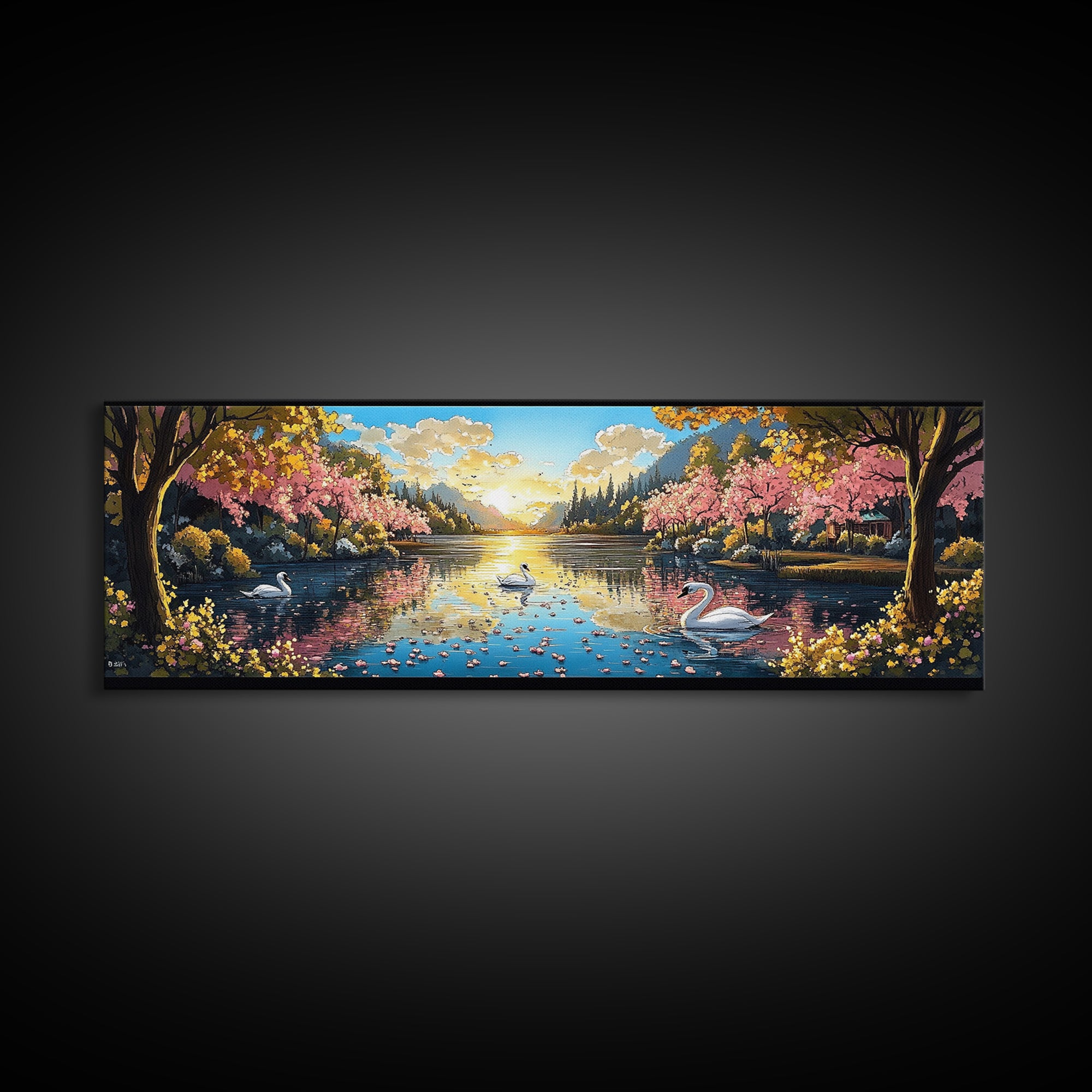 Swans On Golden Lake With Cherry Blossoms Framed Canvas Print, Romantic Landscape Wall Art For Bedroom Decor And Home Decor
