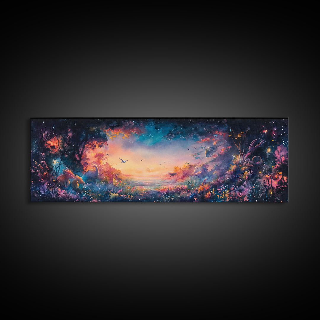 Twilight Enchanted Forest Meadow Canvas Print, Fantasy Landscape Wall Art, Moody Whimsical Decor For Bedroom And Office Gift
