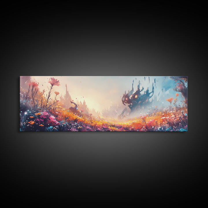 Misty Fantasy Flower Field With Dark Castle Canvas Print, Surreal Landscape Wall Art, Colorful Whimsical Bedroom Decor Gift