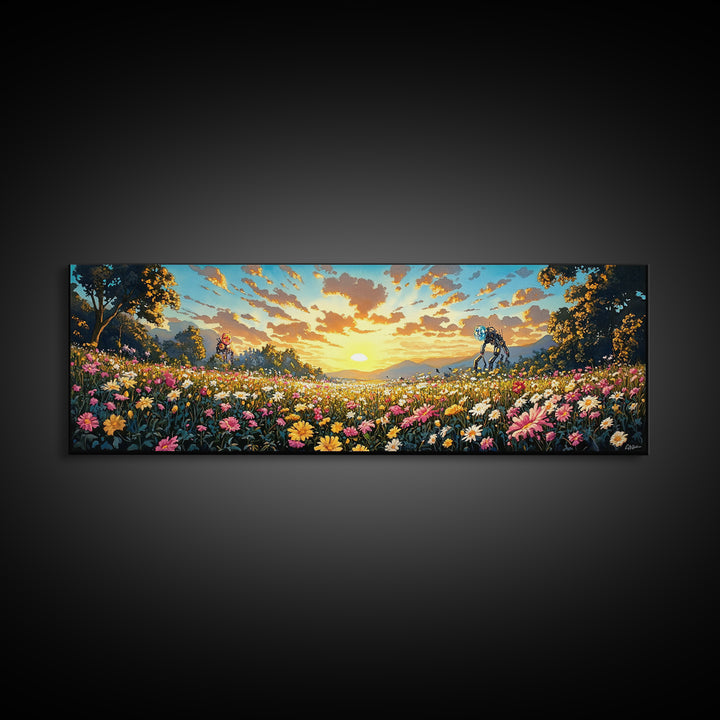 Sunrise Daisy Meadow With Tiny Robots Framed Canvas Print, Panoramic Floral Wall Art, Bright Farmhouse Living Room Decor