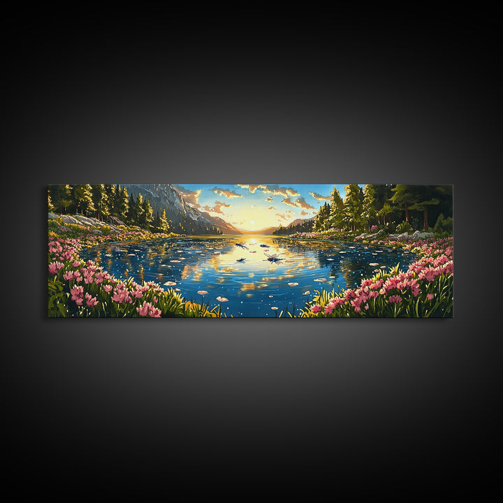 Sparkling Mountain Lake With Pink Wildflowers Canvas Print, Panoramic Landscape Wall Art, Nature Decor For Living Room Gift