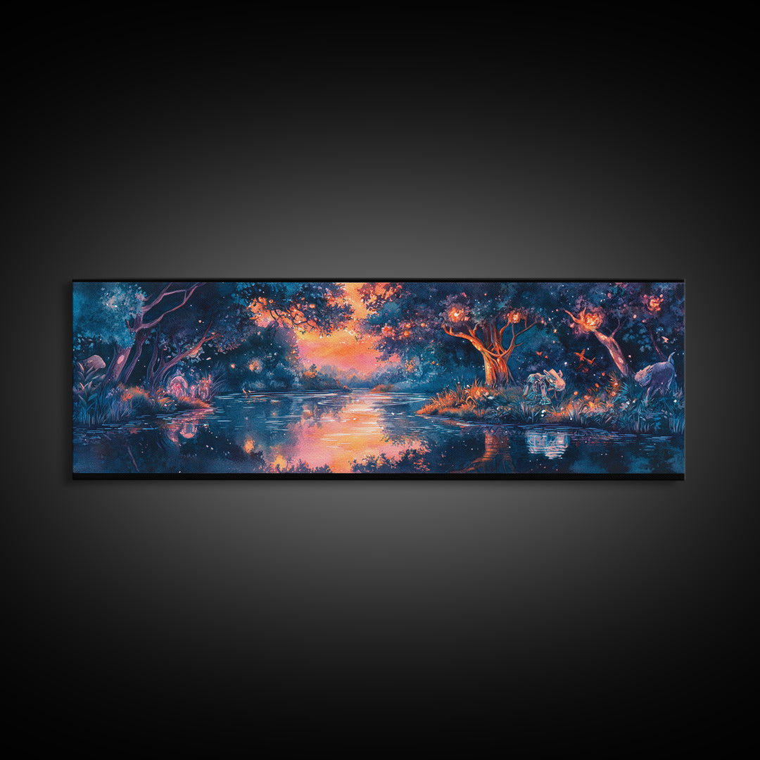 Enchanted Twilight Forest Lake Wall Art, Magical Firefly Landscape Canvas, Fantasy Woodland Decor, Panoramic Nature Print