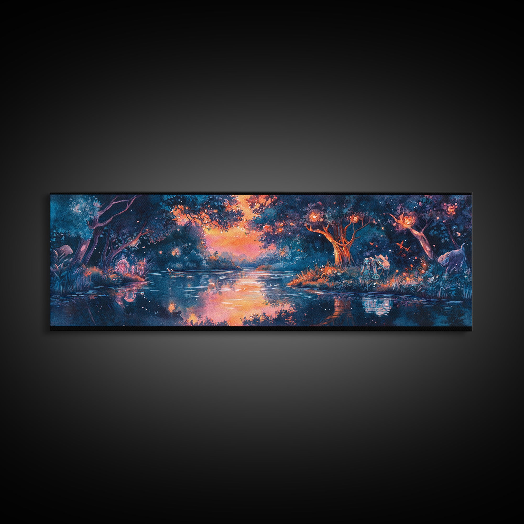 Enchanted Twilight Forest Lake Wall Art, Magical Firefly Landscape Canvas, Fantasy Woodland Decor, Panoramic Nature Print