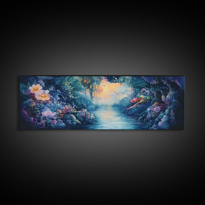 Mystical Flower Grotto River Wall Art, Fantasy Botanical Canvas Print, Whimsical Fairycore Decor, Dreamy Landscape Art Print