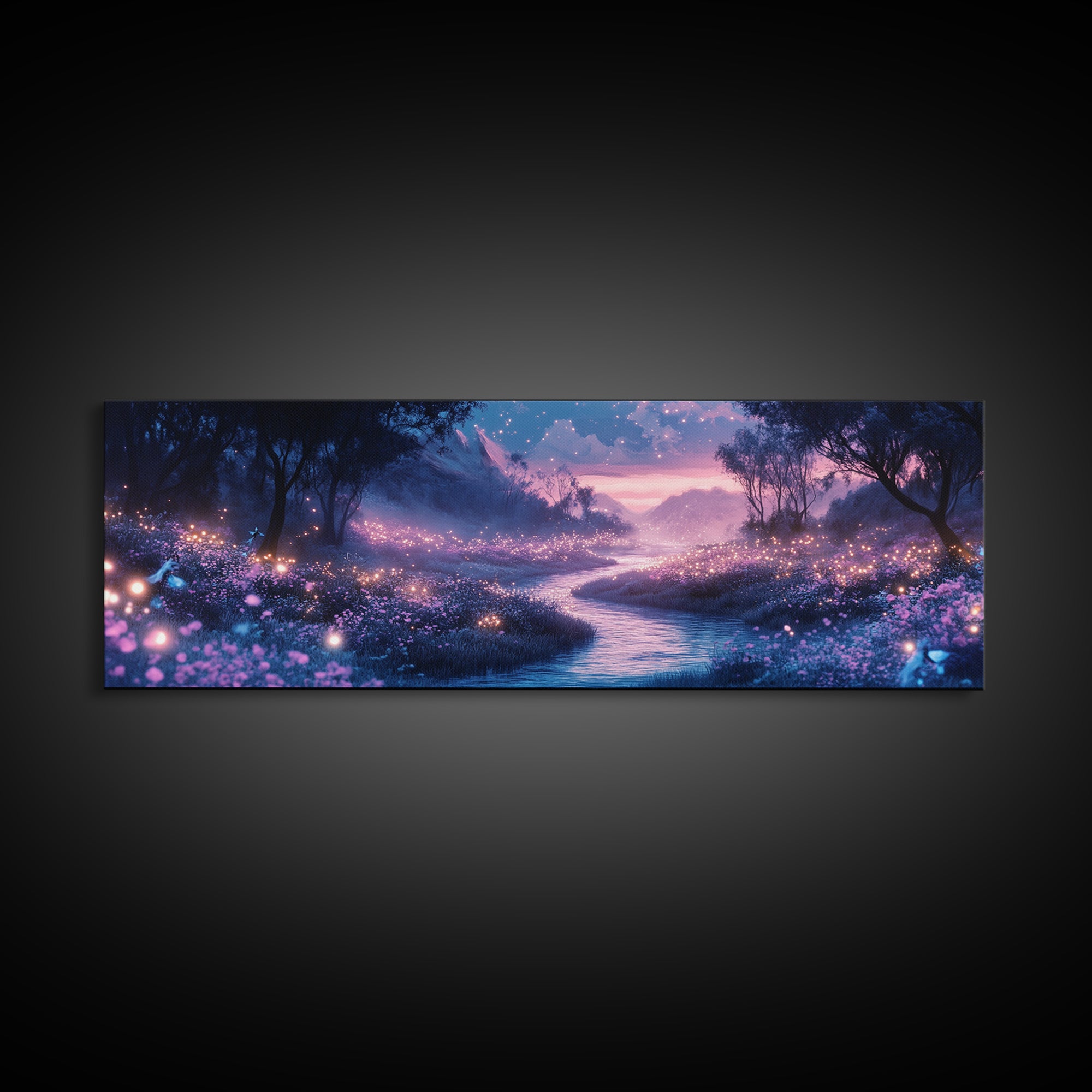 Glowing Purple Meadow Stream Wall Art, Twilight Firefly Landscape Canvas Print, Dreamy Forest Decor, Magical Nature Art Gift